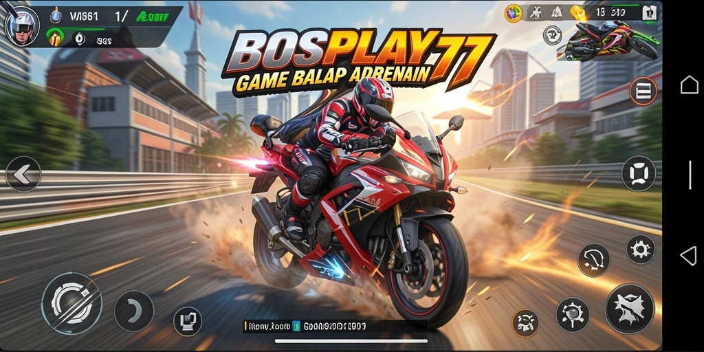 Gameplay seru dari BOSPLAY77 saat balapan motor di lintasan.