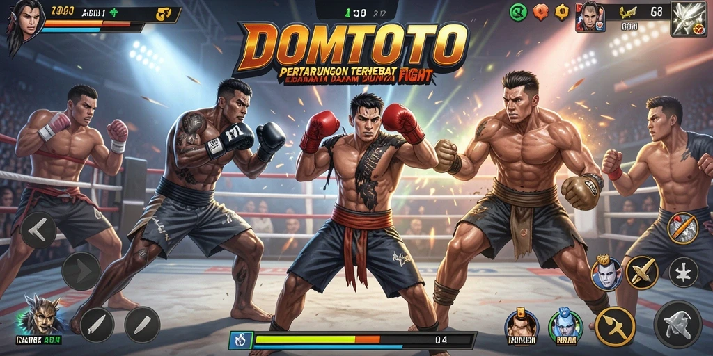 Screenshot utama DOMTOTO menampilkan pertarungan epik antara karakter dengan aksi penuh adrenalin.