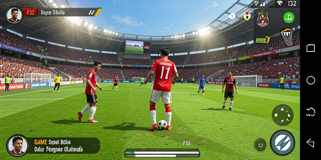 Screenshot F32 menunjukkan momen seru dari gameplay sepak bola.