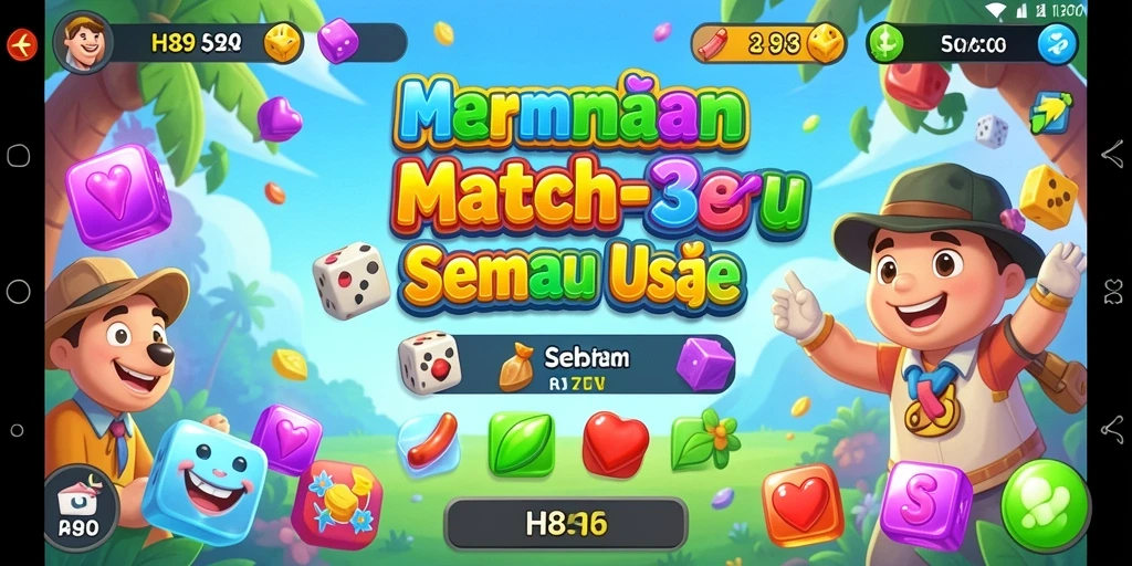 Screenshot H89 menampilkan karakter ceria dalam permainan Match-3.