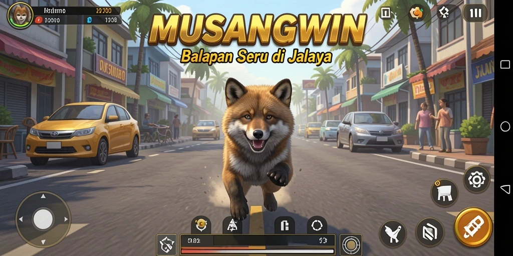 Screenshot utama MUSANGWIN menunjukkan aksi balapan yang mendebarkan.